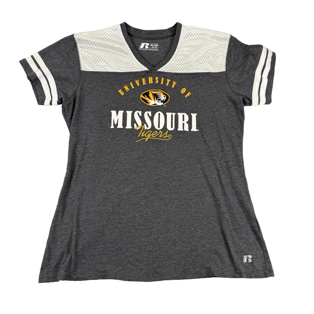 University of Missouri Tigers Mizzou Womens T Shirt Size XL Gray/White Russell